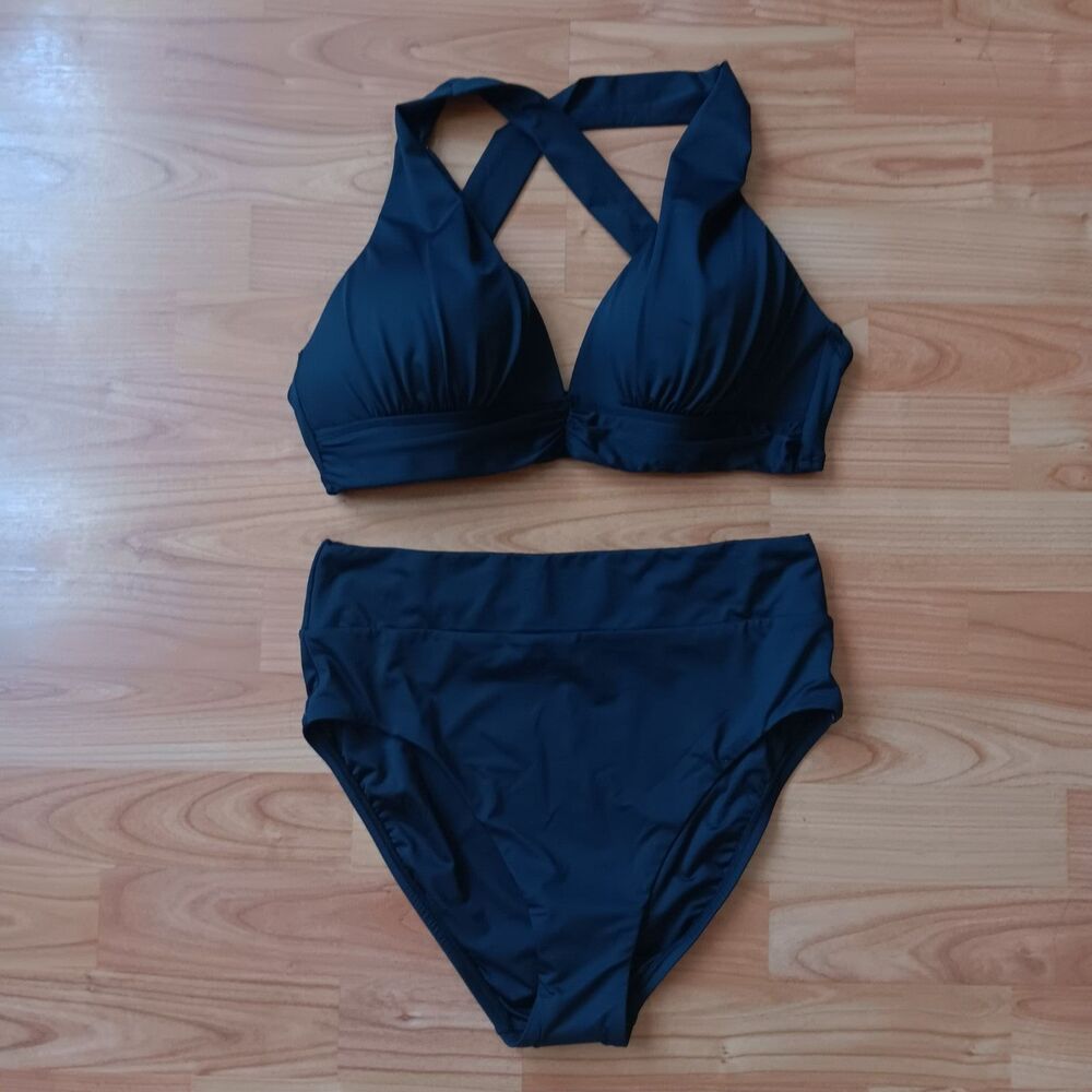 La Blanca Island Goddess Shirred Band Over the Shoulder Bikini Set Black Sample
